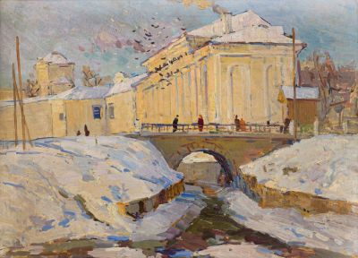 Монахов Л.И. (1928-1985). Картина &laquo;Весна в Торжке&raquo;. 1970-е гг. Картон, масло. Размеры: 50 х 70 см. 