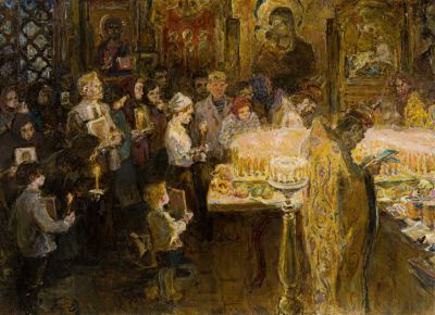 Кудрин Виктор Петрович (1925-1999). Картина &laquo;В церкви&raquo;. Холст, масло. Размеры: 54 х 75 см. Виктор 