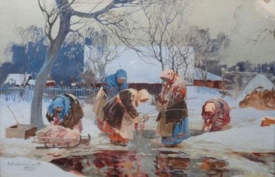 Колесников Степан Федорович (1879 - 1955) Рисунок &laquo;Зима в деревне&raquo;. 1927 г. Картон, смешанная 