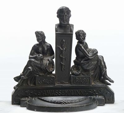 Bronze herm with two figures, A. Wassermann, 15x8x15 cm, . Erma in bronzo con due figure, A. 