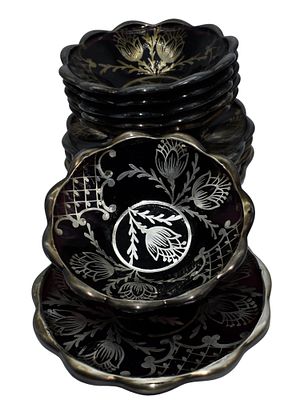 Vintage Italian Sesto Fiorentino Silver Overlay Amethyst Glass Set of 6 Bowls. Set di 6 ciotole 