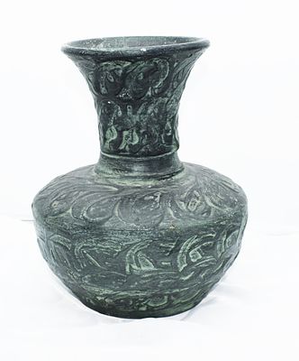 Terracotta vase in shades of green with a compressed globular body surrounded by plant motifs, 30 cm