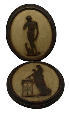 Antique tiles with wooden frame, Italy, 19th century, 32 cm. Piastrelle antiche con cornice in 