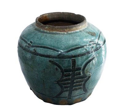 Hexagonal vase in glazed terracotta in shades of green with floral motifs, China, 19th century 