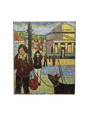 Painting on canvas depicting an Expressionist Urban Scene with Figures and a Dog - Mixed Media 