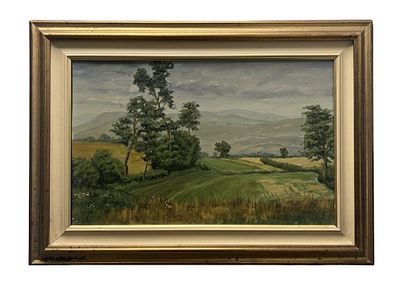 Painting on panel depicting a rural view with warm tones - in a gold frame. A charming oil 