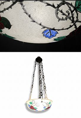 Lampadario a sospensione Liberty "Bowl" in vetro satinato e smalti policromi. Elegante 