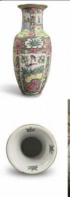 Vaso a Balustro "Famiglia Rosa" con Decori Floreali e Scene di Corte. Elegante vaso cinese in 