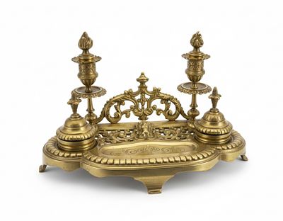 Calamaio Monumentale "Ecritoire" in Bronzo Dorato – Gusto Luigi XV cm 33x16x20. Elegante 