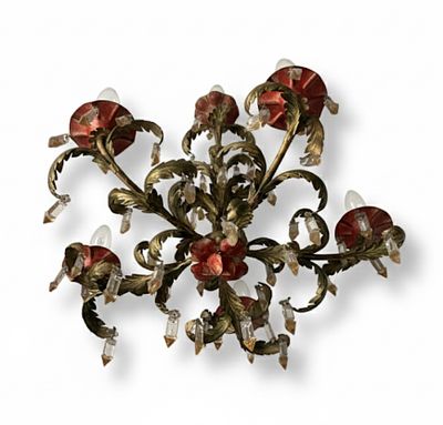 Plafoniera Artistica "Bouquet" a 6 Luci – Ferro Battuto Policromo e Cristalli. Eccezionale 