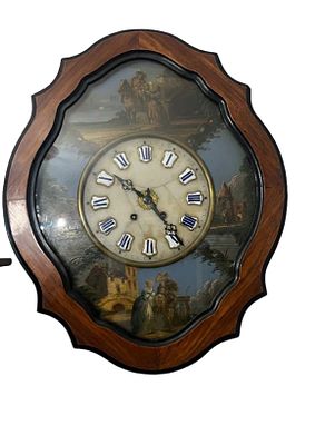 Orologio da Parete d'Epoca a Pendolo con Scena Pittorica, Francia, Inizio XIX Secolo cm 63 x 50. 