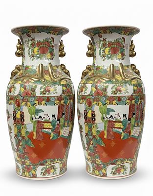 Coppia di Grandi Vasi "Famiglia Rosa" – Porcellana Cinese Cantonese – Epoca Qing. Eccezionale 