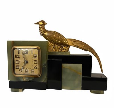 Elegante Orologio da Tavolo Art D&eacute;co – Onice Verde, Marmo Nero e Bronzo – Francia, anni '20/'30. 