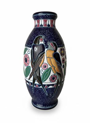 Eleganza D&eacute;co – Vaso a Ovoidale con Motivi Ornitologici cm 31. Importante vaso in ceramica 