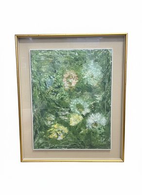 Dipinto raffigurante una composizione astratta di natura morta con fiori cm 54x77 cornice 81x111. 