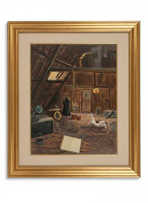 Dipinto olio su tela raffigurante l'interno di uno studio d'artista cm 66x76 cornice 84x95. Un 