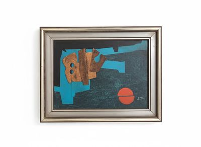 Dipinto su panello collage "Geometria del Frammento: Orizzonte Azzurro" cm 70x50 cornice 90x70. Q 