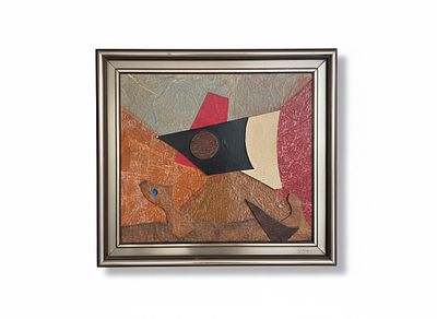 Dipinto raffigurante una struttura centrale quadrangolare di colore nero denso e opaco. Attorno 