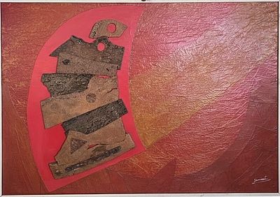 Dipinto raffigurante una sovrapposizione verticale di elementi in sughero "Sintesi Materica su 