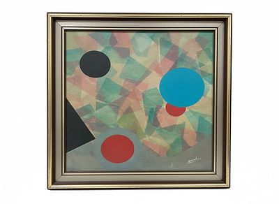 Dipinto tecnica mista su tela"Intersezioni Geometriche e Campiture Policrome" cm 70x80 cornice 