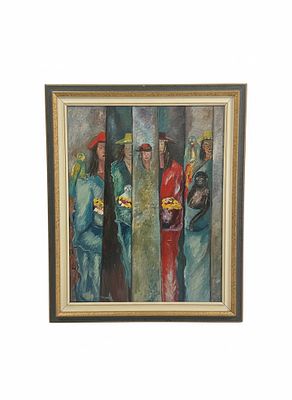 Dipinto su tela raffigurante gruppo di figure cm 70x88 cornice 86x107. Un Dipinto raffigurante 