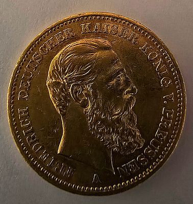 1888 גרמניה 20 מרק זהב – פרידריך השלישי 
מטבע זהב של 20 מרק, גרמניה, שנת 1888, עם דיוקנו של 