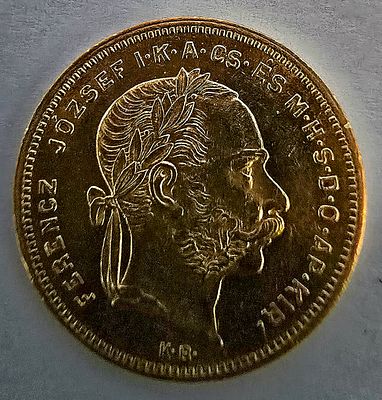 1873 הונגריה 8 פורינט / 20 פרנק זהב – פרנץ יוזף הראשון 
מטבע זהב של 8 פורינט (20 פרנק), ממלכת 