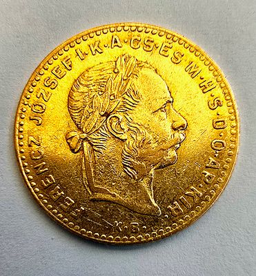 1882 הונגריה 4 פורינט / 10 פרנק זהב – פרנץ יוזף הראשון 
מטבע זהב של 4 פורינט (10 פרנק), ממלכת 