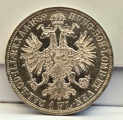1 פלורין 1859 – אוסטריה, כסף 
מטבע כסף מקורי משנת 1859 מתקופת הקיסר פרנץ יוזף הראשון, 