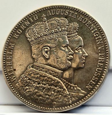פרוסיה – תאלר הכתרה 1861, וילהלם הראשון ואוגוסטה 
מטבע כסף מרהיב משנת 1861, שהונפק לכבוד הכתרתו 