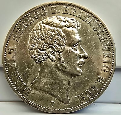 בראונשווייג ולינבורג – תאלר כסף 1866, וילהלם (סימן מטבע B) 
מטבע כסף יפה משנת 1866, מתקופת 