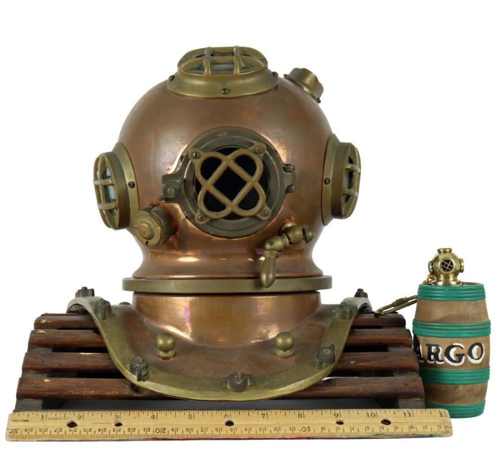 Lot 168: ½ Size Copper & Brass Miniature Diving Helmet & Keychain