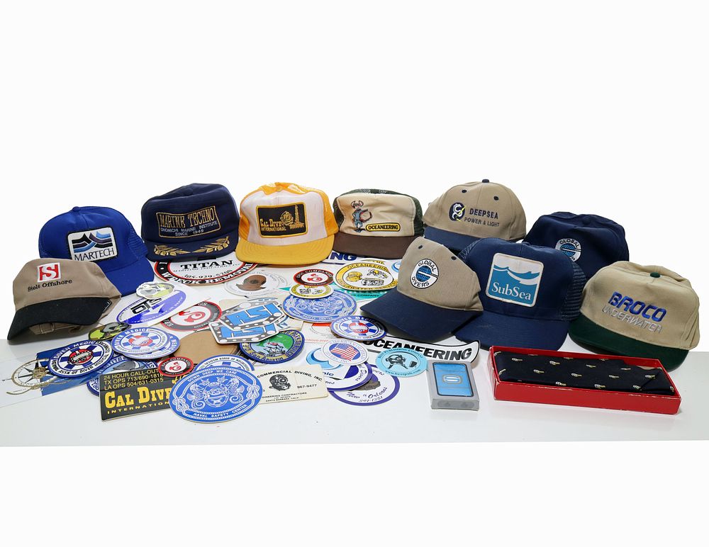 Collection Of Vintage Diving Company Hats, Stickers, Promotional Items. This is a nice 