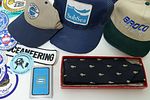 Collection Of Vintage Diving Company Hats, Stickers, Promotional Items. This is a nice Image - 2