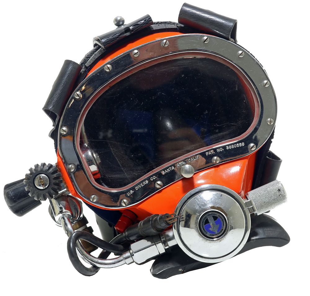 Orange Kirby Morgan KMB-10 Band Mask Diving Helmet + Parts. This is a vintage Kirby Morgan model 