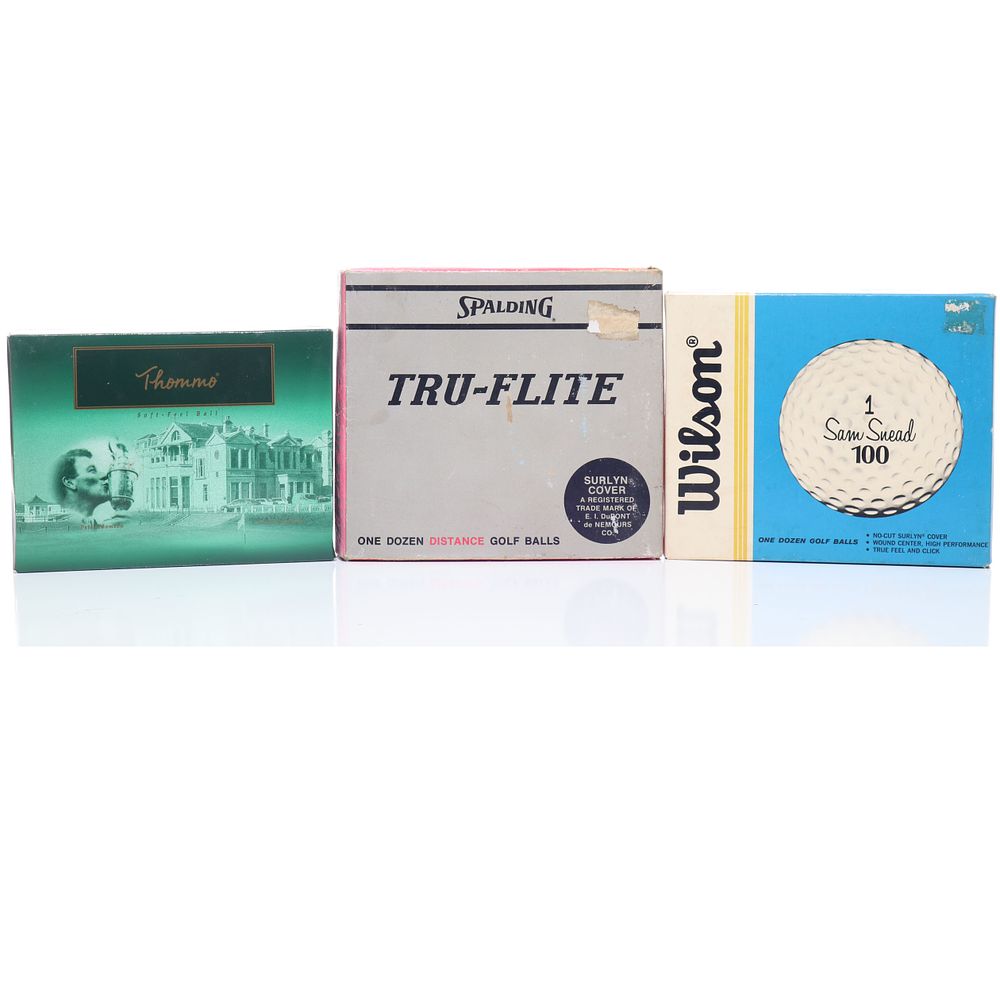 Lot 189: Peter Thomas Sam Snead & Spalding Complete Golf Ball Boxes