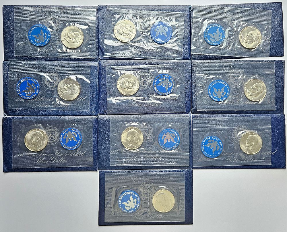 Lot 322: Ten 1973 & 1974 S Eisenhower 40% Silver Dollar US Mint Sets