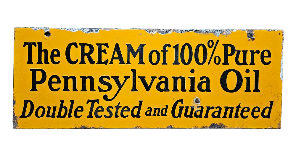 Lot 327: Oilzum Cream of 100% Pure Pennsylvania Oil Porcelain Sign