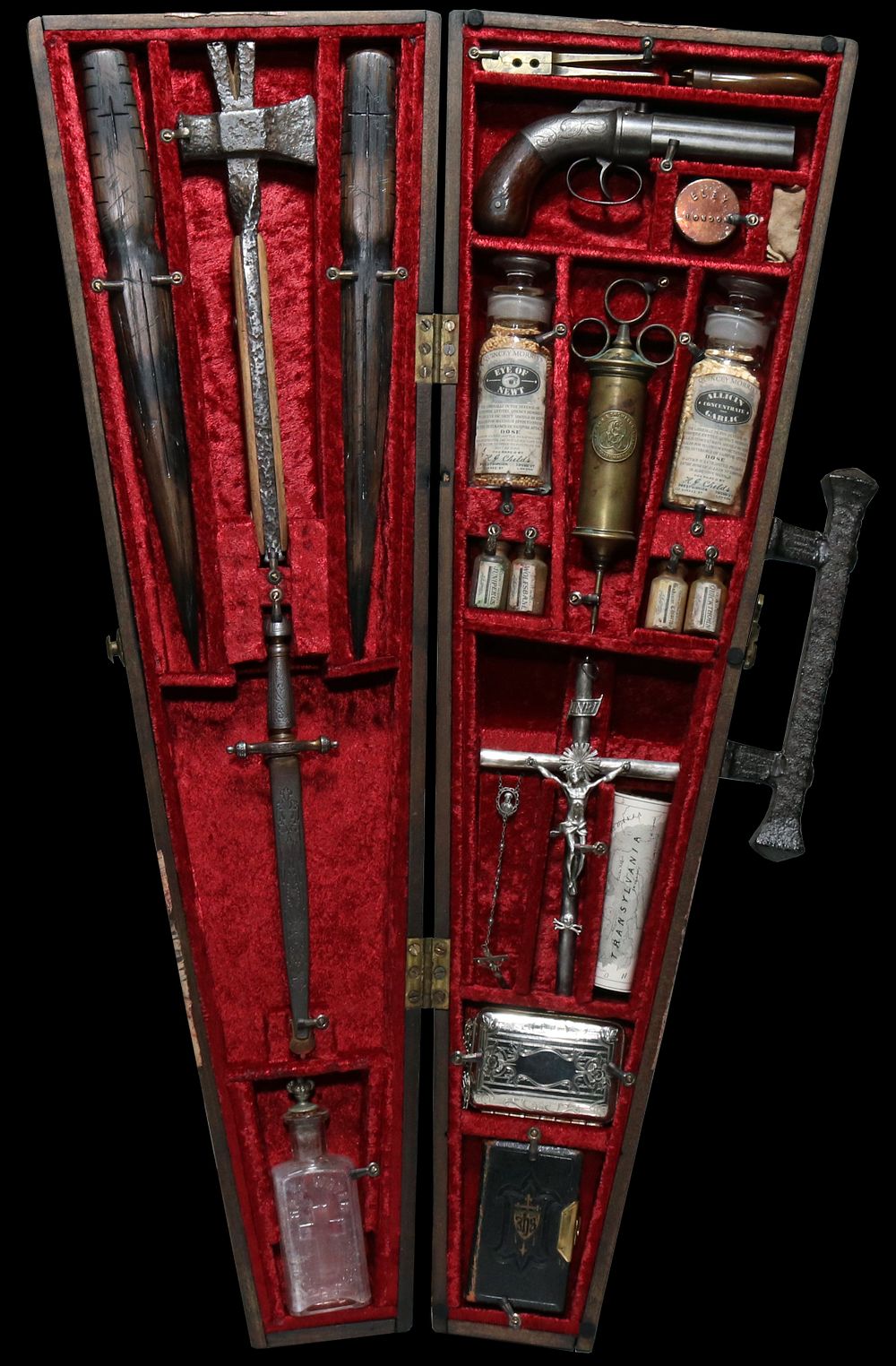 Lot 328: Incredible 19th Vampire Hunting / Defense Kit In Wood Coffin Travel Case