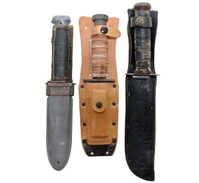 USN Mark 1 Knife USMC Ka-Bar & Survival Knife. Grouping of three original military issue knives. 