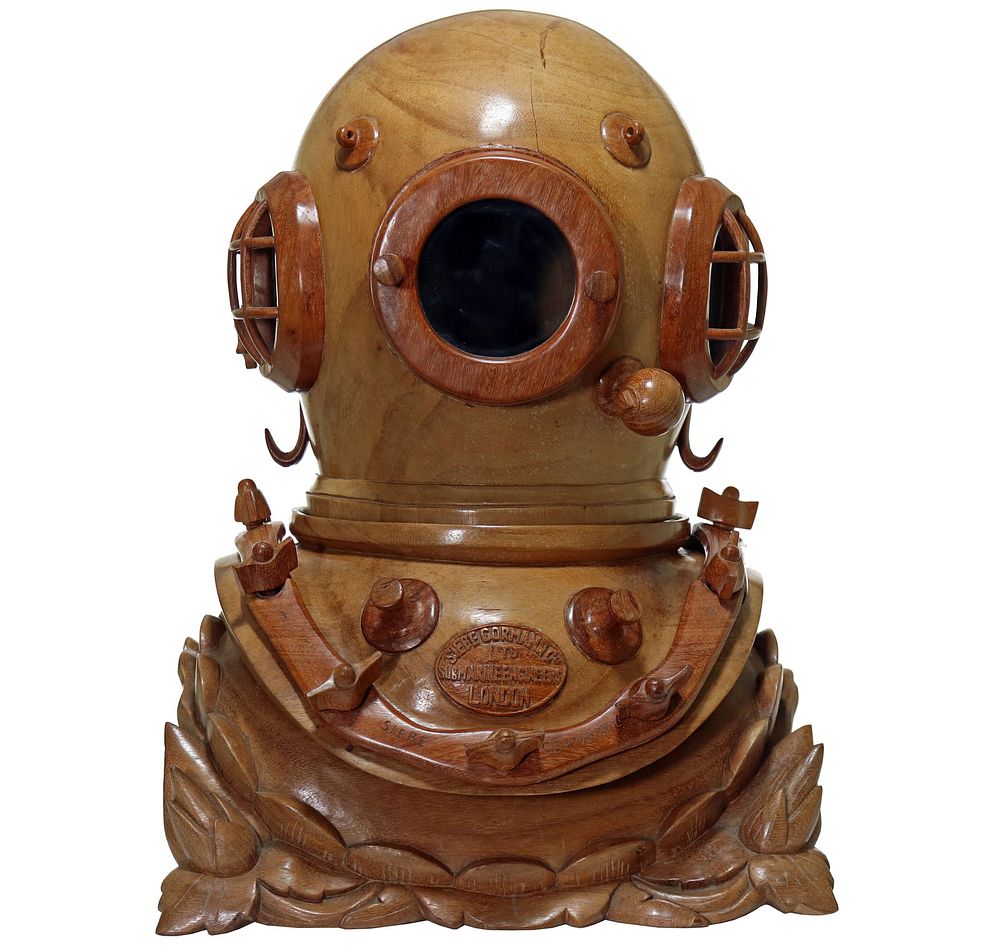 Lot 165: Hand Carved Wood Siebe Gorman Diving Helmet & Stand