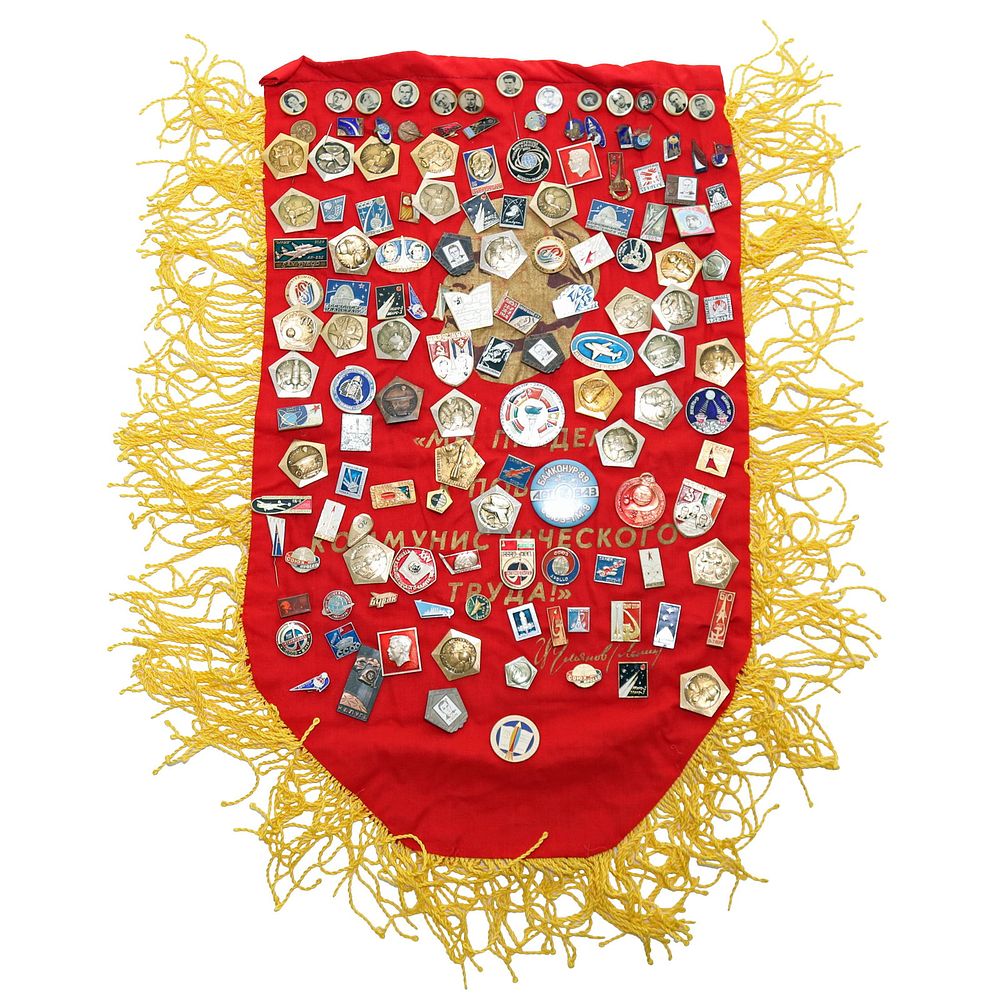 Lot 202: Soviet Banner With Huge Collection of Soviet Space Race Pins