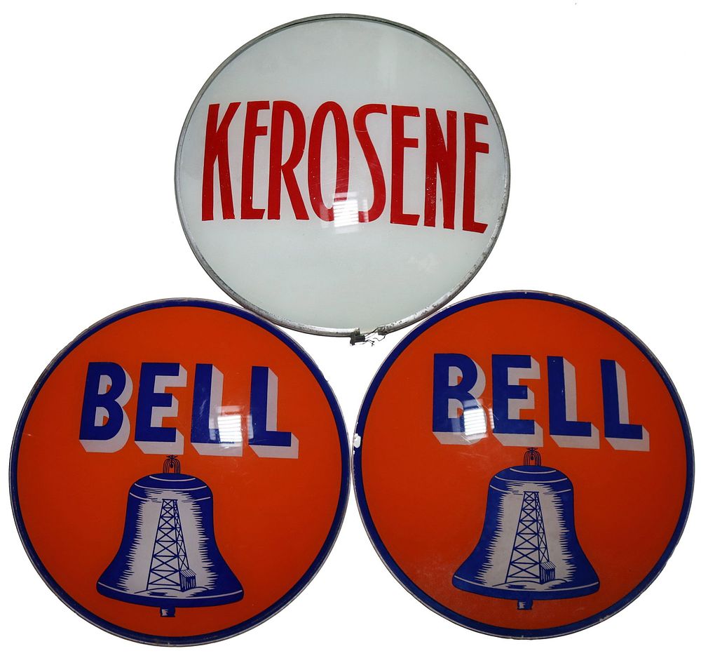 Lot 211: Original Bell Gas Pump Globe Lenses + Kerosene