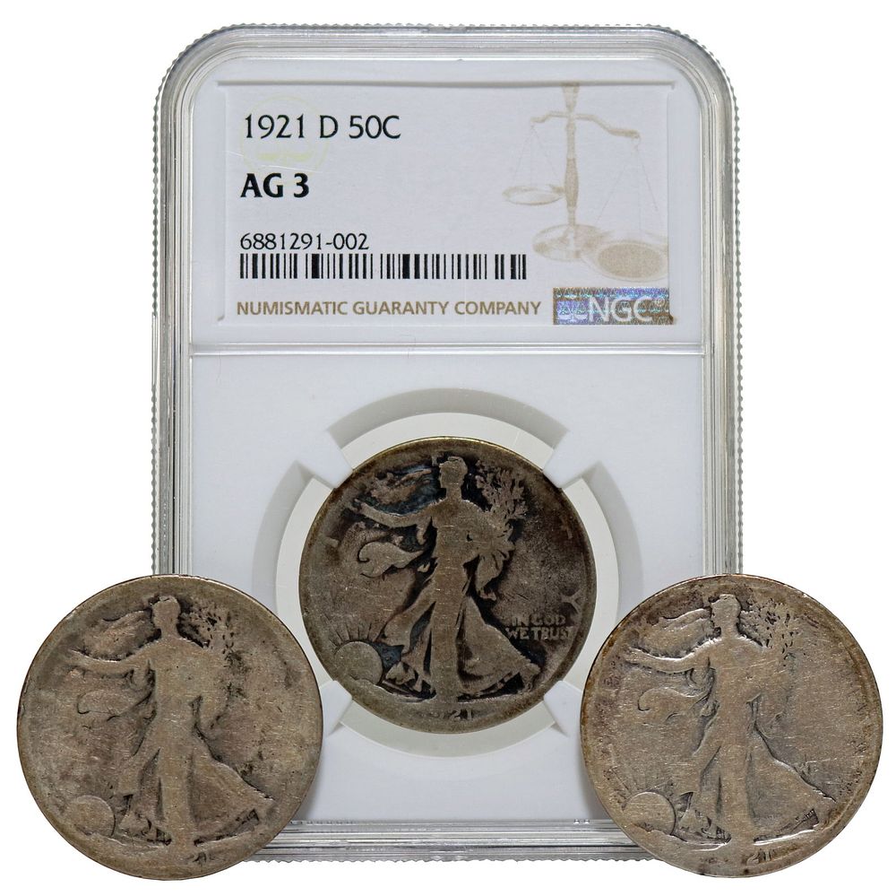 Lot 225: 1921 US Walking Liberty Half Dollar 50c Set (3 Coins)