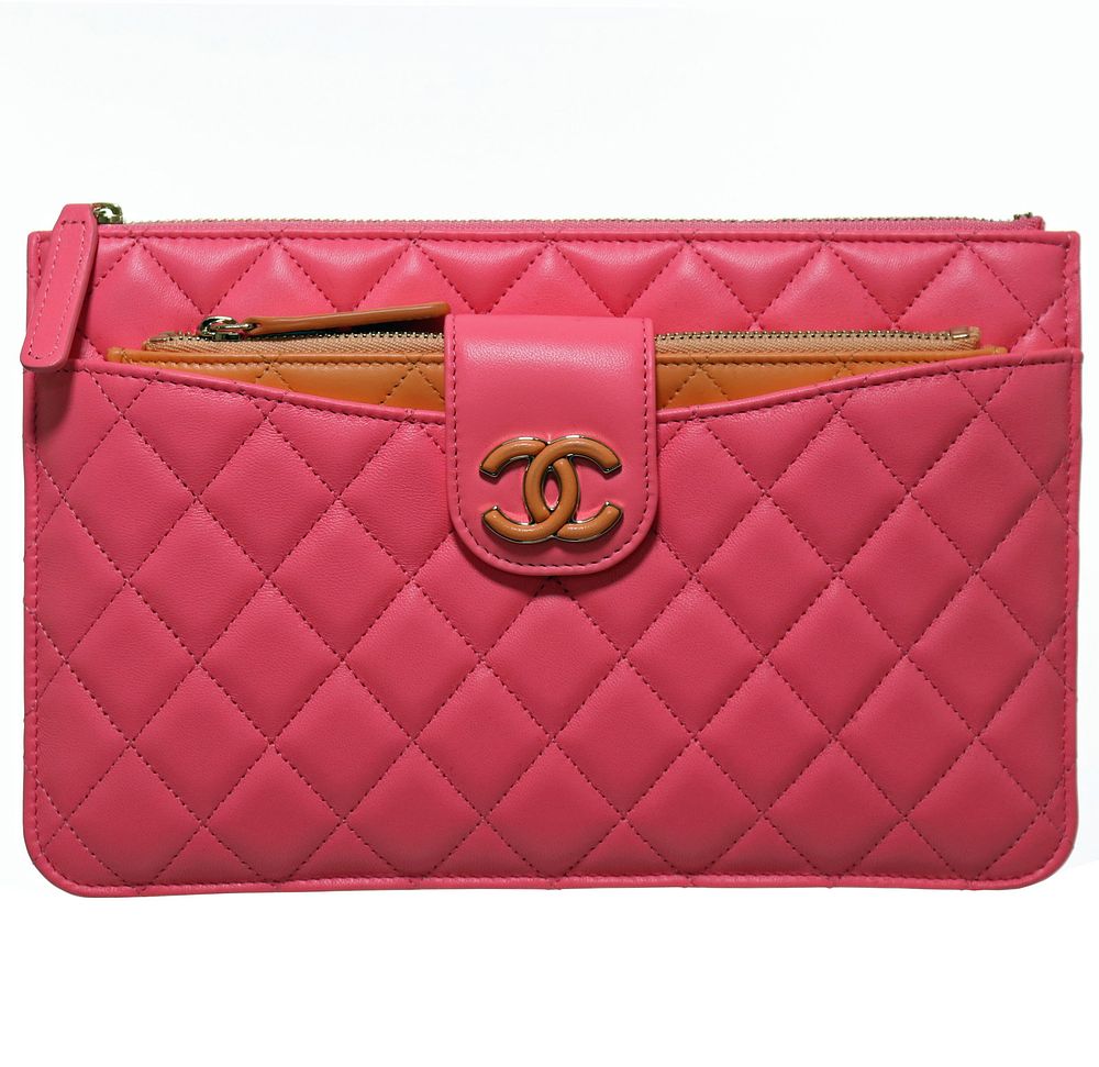 Lot 281: Pristine 2024 Chanel Sunset Boulevard Quilted Lambskin Pouch - Pink/Orange