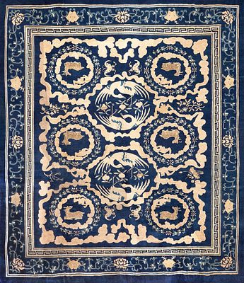 Antique Chinese Peking Rug Crane and Deer Motifs 11 ft 5 in x 10 ft 3 in (3.48 m x 3.12 m). 
