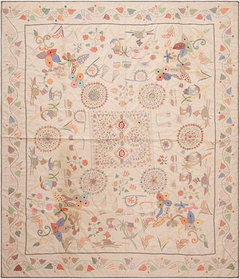 Antique American Textile Embroidery 8 ft 3 in x 7 ft (2.51 m x 2.13 m). Curated collection of 