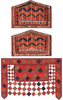Set of 3 Antique Uzbek Karakalpak Textiles 2 ft 4 in x 3 ft 7 in (0.71 m x 1.09 m). Curated 