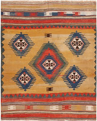 Antique Turkish Kilim Rug 6 ft 3 in x 5 ft 4 in (1.9 m x 1.62 m). Curated collection of 