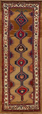 Antique Camel Hair Persian Serab Runner with Tribal Linked Diamond Design 9 ft 7 in x 3 ft 6 in. 